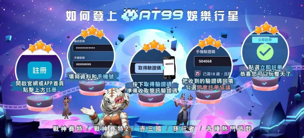 AT99娛樂城註冊流程教學圖,展示手機驗證碼填寫與帳號開通的完整步驟說明