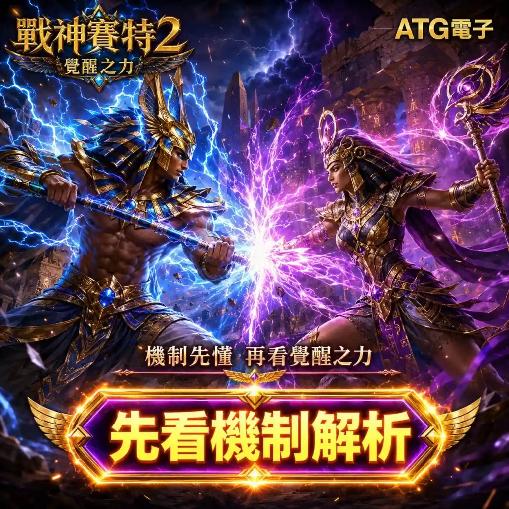 ATG塞特2機制解析主視覺,呈現埃及角色對戰與覺醒之力能量特效