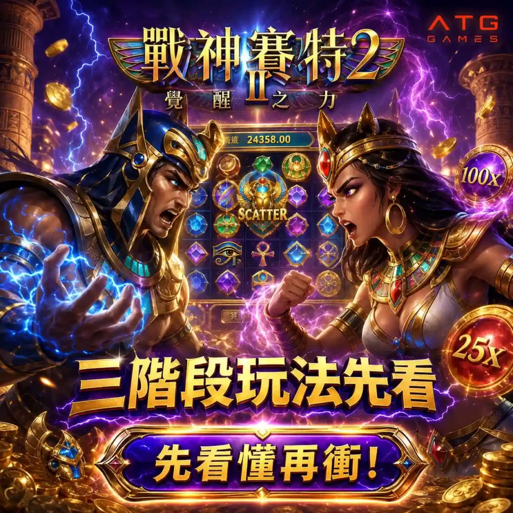 戰神塞特2覺醒之力打法主視覺,呈現賽特與奈芙蒂斯對峙、SCATTER與倍率球玩法